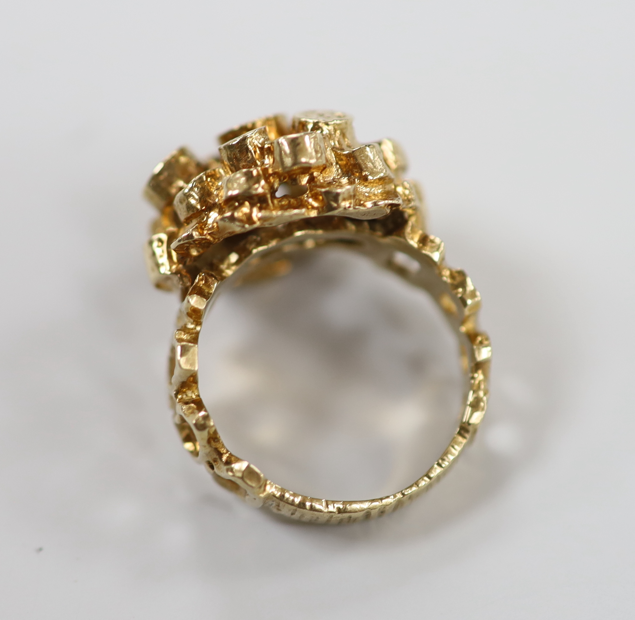 A 1960's/1970's 9ct gold modernist ring, size N, 9.1 grams.